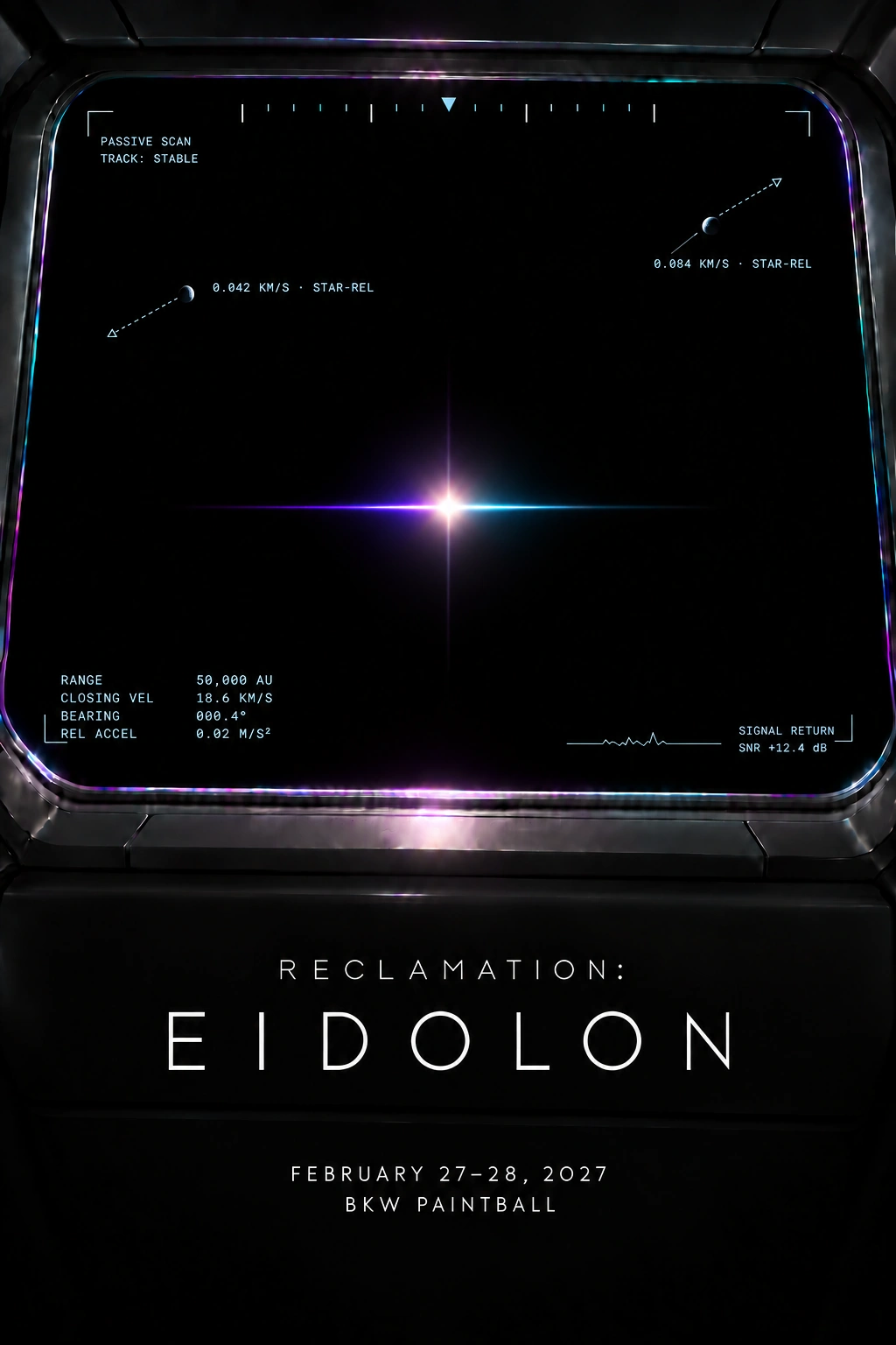 The distant star and two small icy bodies through the recovery ship viewport.